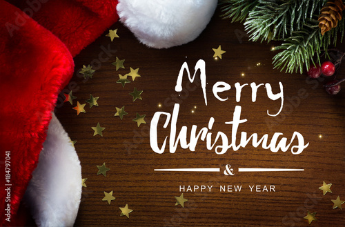 &quot;merry Christmas and happy New year; Christmas tree and Santa hat