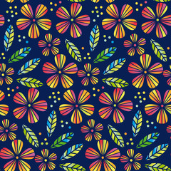 Tropical flowers and leaves simple and decorative vector seamless element for surface design, wrapping paper. Summer colorful cute style floral pattern illustration on deep blue background