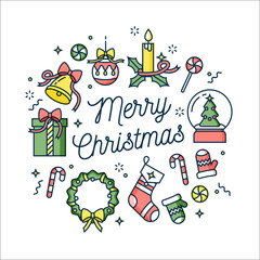 Vector linear design Christmas greetings card on white background. Typography ang icon for Xmas background, banners or posters and other printables.