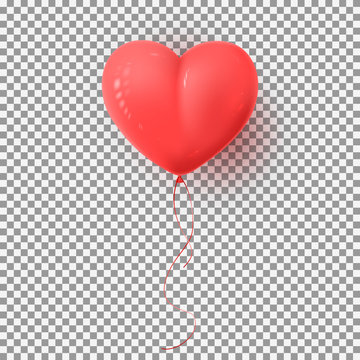 Realistic Air Balloon Isolated on Transparent Backdrop. Red Symbol of Valentine's Day in the Form of Heart. Vector Illustration.