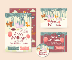 Cute Forest Animal Theme Happy Birthday Invitation Card Set And Flyer Illustration Template
