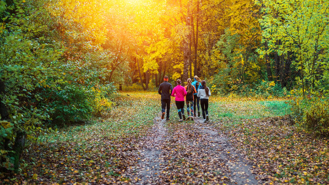 Running athletes in the park on a run in the early morning. Several children are running in the woods doing sports. Healthy lifestyle.