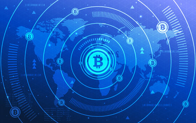 Obraz premium Global Abstract Bitcoin Crypto Currency Blockchain Technology World Map Background Ultra HD Wallpaper Illustration