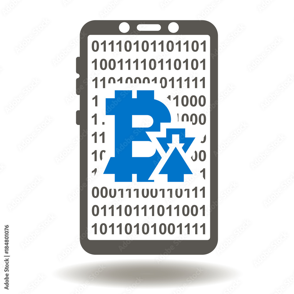 Poster smartphone bitcoin arrows up down vector icon. mobile mining bit coin illustration. mobility digital