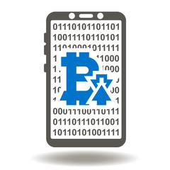 Smartphone Bitcoin Arrows Up Down Vector Icon. Mobile Mining Bit Coin Illustration. Mobility Digital Symbol. ICO Online Trade Market Exchange Logo.