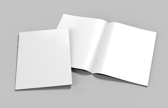 Blank White Catalog, Magazines, Book Mock Up On Grey  Background. 3d Render Illustration.