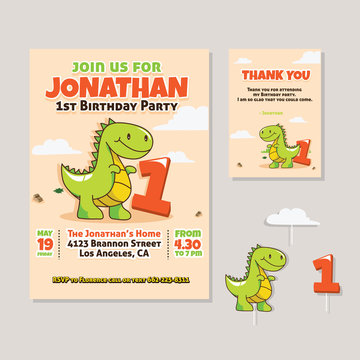 Cute Dinosaur Theme 1st Birthday Party Invitation And Thank You Card Illustration