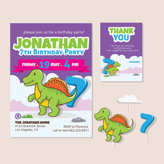 Cute Dinosaur Theme 7th Birthday Party Invitation And Thank You Card Illustration