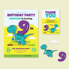 Cute Dinosaur Theme 9th Birthday Party Invitation And Thank You Card Illustration