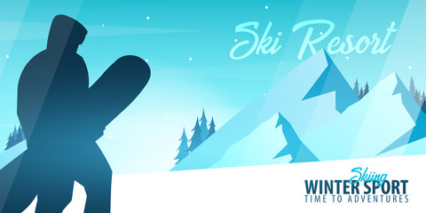 Winter Sport. Ski and Snowboard. Mountain landscape with snowboarder. Vector illustration.