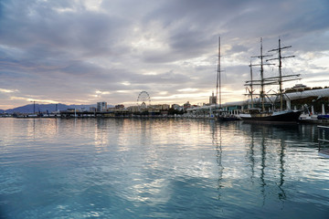 Fototapeta premium Port of Malaga, Andalusia, Spain at the sunset