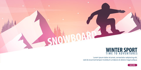 Winter Sport. Ski and Snowboard. Mountain landscape. Snowboarder in motion. Vector illustration.