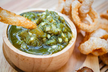 Nam prik num (Northern Thai Green Chilli Dip) and Pork snack.