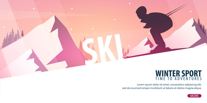 Winter Sport. Ski and Snowboard. Mountain landscape. Skier in motion. Vector illustration.