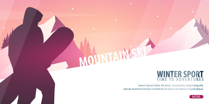 Winter Sport. Ski and Snowboard. Mountain landscape with snowboarder. Vector illustration.
