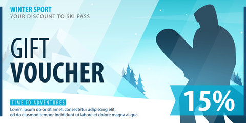 Gift voucher with diagonal lines and a place for the image. Universal flyer template for advertising winter sport.