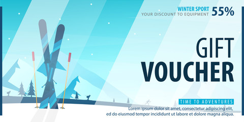 Gift voucher with diagonal lines and a place for the image. Universal flyer template for advertising winter sport.
