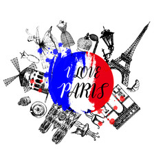 Hand drawn sketch style France themed objects. Vector illustration isolated on white background.