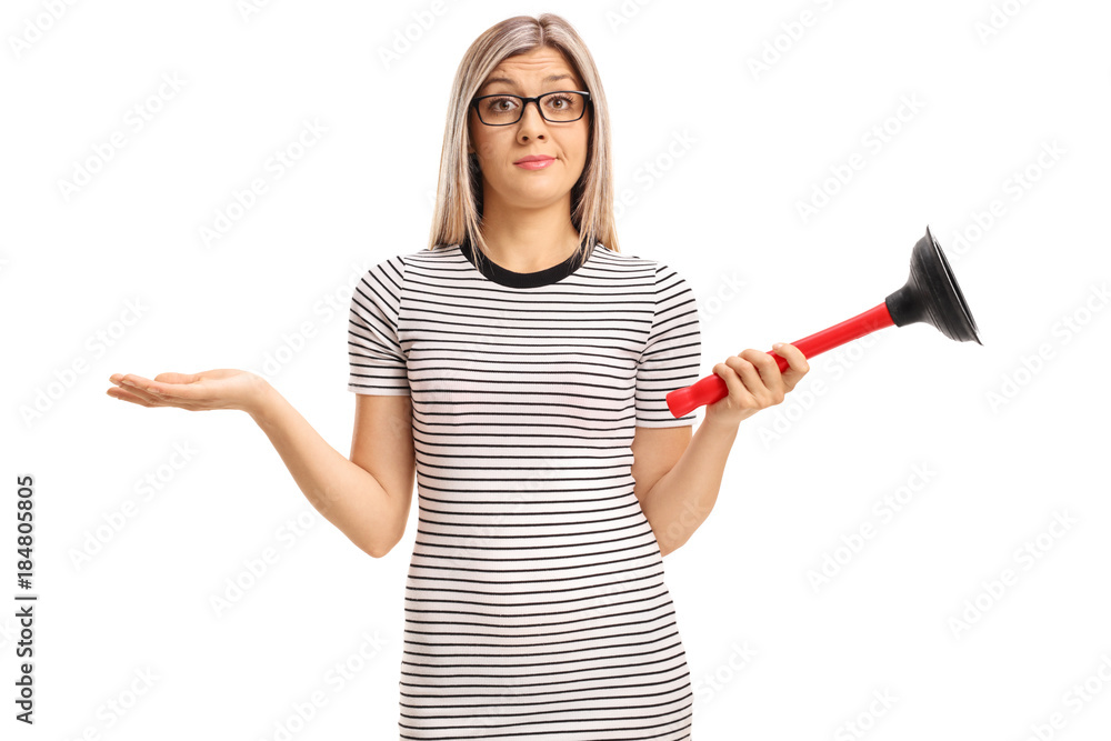 Sticker Confused young woman with a plunger