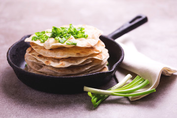 Indian flatbread chapati, green onion. Color surge trend.