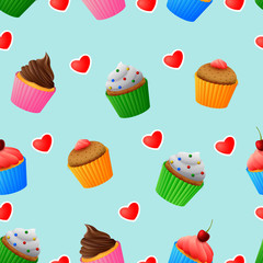 Seamless pattern of yummy colored cupcakes
