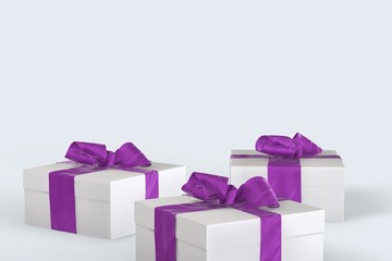 Christmas New Year colorful gift boxes with bows of ribbons on the white background. 3d illustration with space for your text