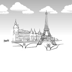Paris, France famous landmark sketch