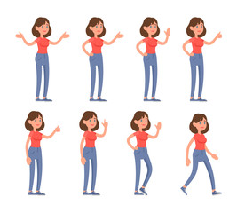 Obraz premium A pretty woman in the cartoon style dressed in casual clothes is in different poses