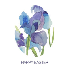 Easter eggs decoration with iris flower bouquet. Vector illustration card. Happy easter
