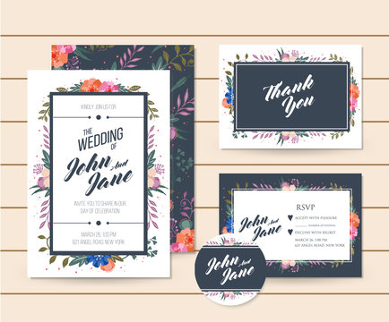 Modern Save The Date Floral Wedding Invitation Card Template Illustration Set, RSVP, Pin and Thank You Card Included.