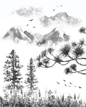 Ink Landscape with Mountains and Trees