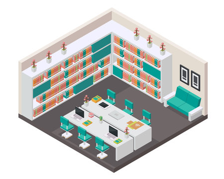 Modern Isometric Book Library Interior Design in isometric view