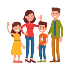 Happy family. Parents standing with children. Mother, father, school age boy and girl standing together. Vector illustration in a flat style