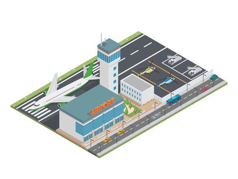 Modern Urban Airport Terminal Isometric Illustration, Suitable for Diagrams, Infographics, Illustration, And Other Graphic Related Assets