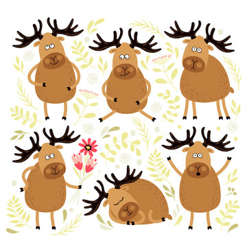 Set of illustrations with funny deer. Various poses. Can be used for scrapbook, postcards, stickers, print, etc.