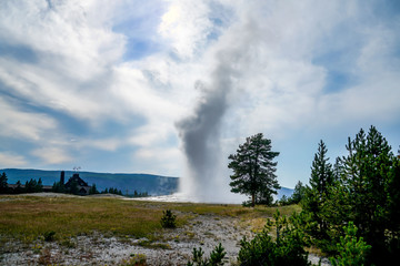 Fototapeta na wymiar Old Faithful on time as usual in Yellowstone National Park Wyoming.