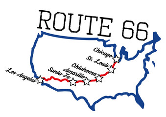 Route 66 with main cities map. Layered for easy editing, converted fonts. Fonts used are free for commercial use (Octin vintage and streetwear)