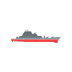 Obraz premium Colored military warship with radar and guns fixed on it. Naval boat with artillery. Graphic design for sticker, poster or mobile game. Flat vector illustration