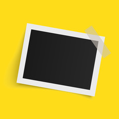 Rectangle photo frame template with shadows on sticky tape on yellow background. Vector illustration.
