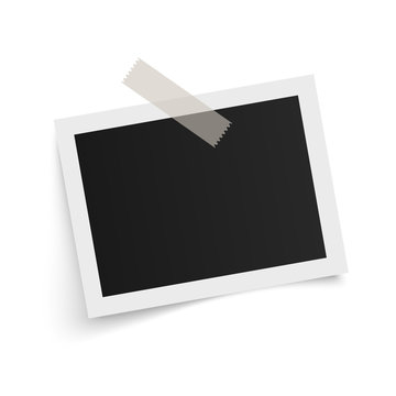 Rectangle photo frame template with shadows on sticky tape on white background. Vector illustration.