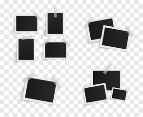 Set of rectangle vector photo frames on sticky tape on a transparent background. Template photo design. Vector illustration