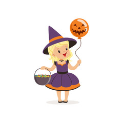 Small witch girl holding bowler full of candies and balloon with scary face, cute kid in halloween costume vector Illustration