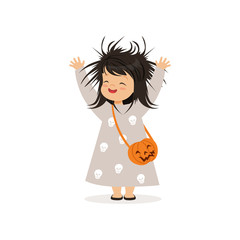 Cute little girl in halloween costume standing with bag in form of pumpkin vector Illustration