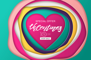 Valentines day sale banner. Heart and 3d multicolor paper cut shapes. Carving art concept for flyer, party invitation.