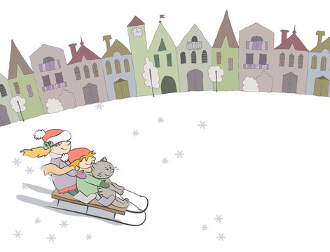 Children and cat sledding. Christmas and New Year card. Vector cartoon illustration.