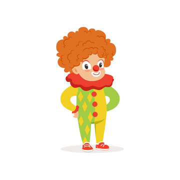 Little boy dressed as a clown, cute kid in halloween costume vector Illustration