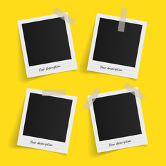 Set of polaroid vector photo frames on sticky tape on yellow background. Template photo design. Vector illustration