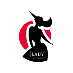 Lady design logo, fashion, beauty salon, studio or boutique, badge, fashion poster, placard, banner, silhouette of young lady in a hat vector Illustration