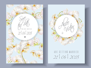 Vector wedding invitation cards with white orchid flowers on blue background. Can be used as floral design for cosmetics, perfume, beauty care products. greeting card