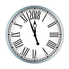 2018 New Year black clock on white background. Vector paper illustration.